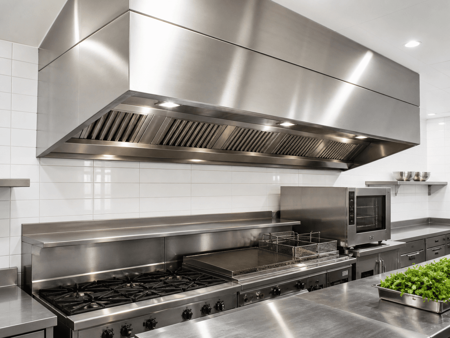 Commercial stainless steel canopy in a professional kitchen